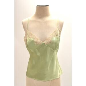 Y2K Green Satin Slip Tank Top Lace Medium Babydoll Fairy Coquette Whimsy